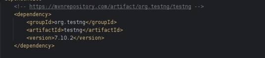 This image shows,setting up our TestNG dependency in our pom.xml file.TestNG has DataProviders which will automatically be imported when we use its annotation in our java class